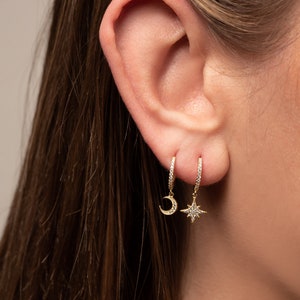 Star and Moon Earrings Silver Star and Moon Hoop Mismatched Earrings Gift for Her Moon Earring Star Earring Minimalist earrings 画像 4
