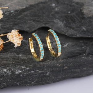 Turquoise Stone Silver Hoop Earrings