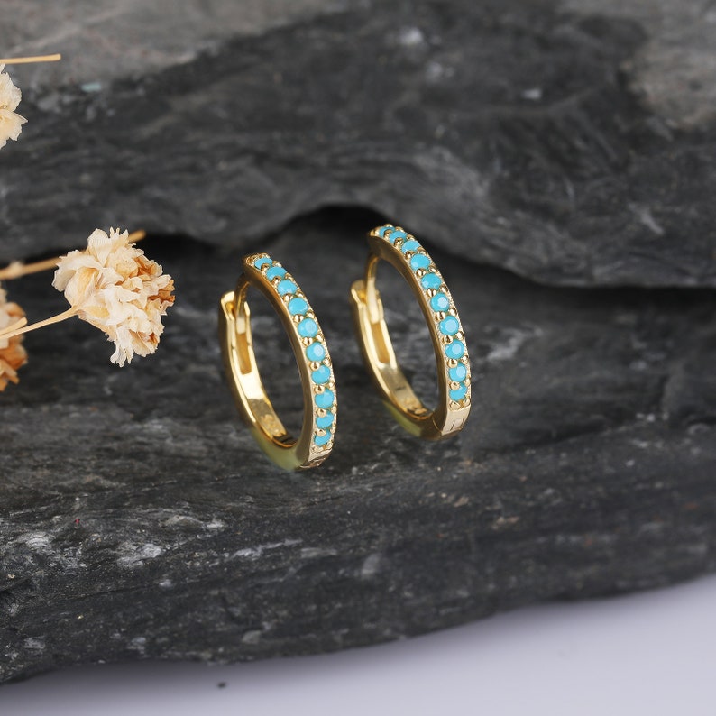 Turquoise Stone Silver Hoop Earrings