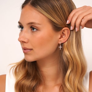 Gold Cross earrings, Cross Earrings for Girls, Cross Earrings Dangle, Dainty & Minimalist Cross Shaped Charm Hoop Earrings, Gifs For Her image 5