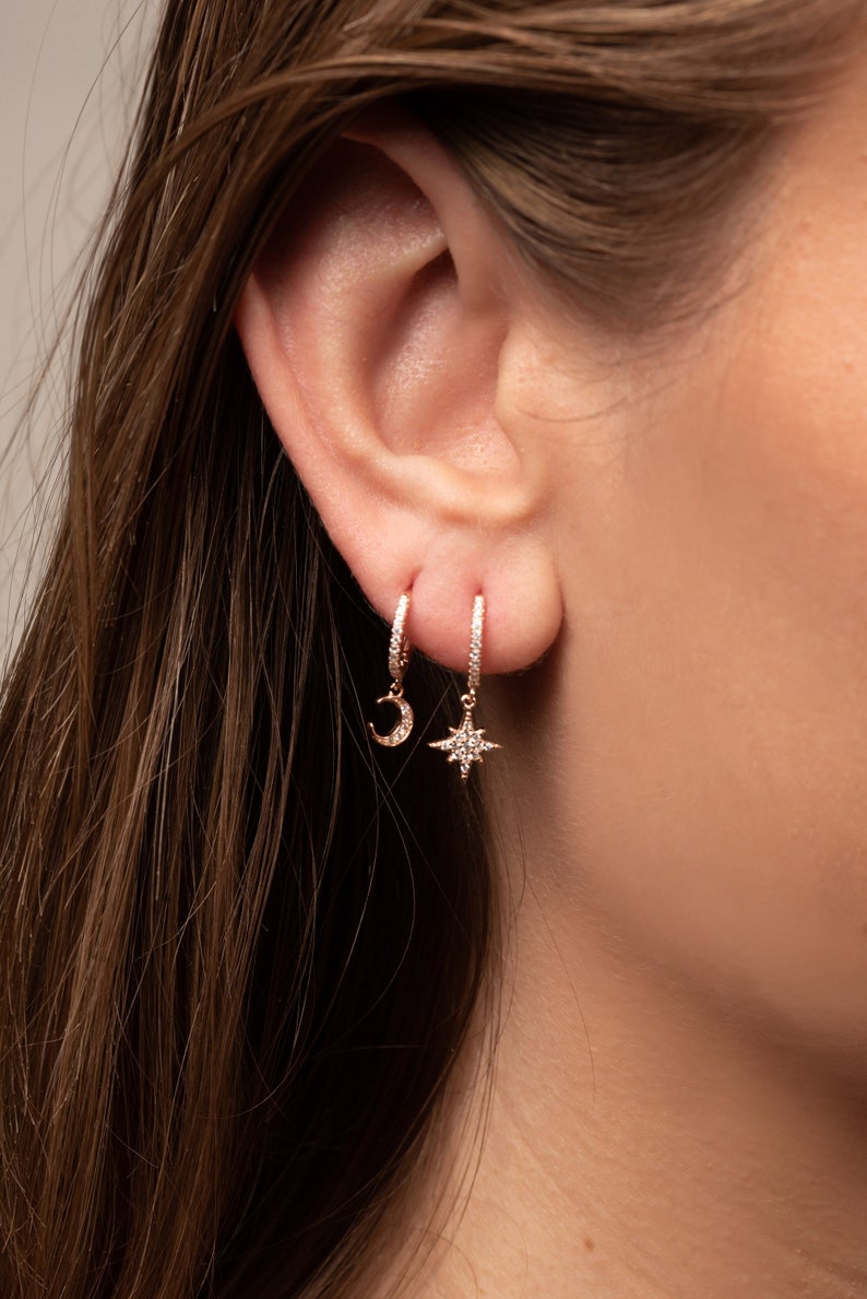 Star and Moon Earrings Silver Star and Moon Hoop Mismatched Earrings Gift for Her Moon Earring Star Earring Minimalist earrings 画像 2