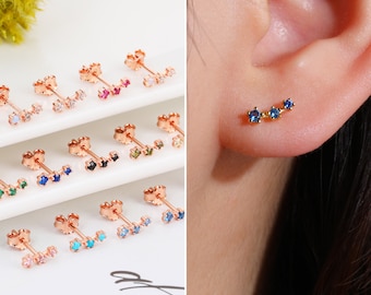 CZ Birthstone Climber Earrings, Sterling Silver, Dainty Studs