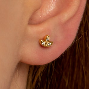 Lotus Gold Stud Earring, Flower Stud Earrings CZ Diamond, Gold Stud Earrings, Silver Stud Earrings, Tiny Cartilage Stud, Tragus Stud Earring