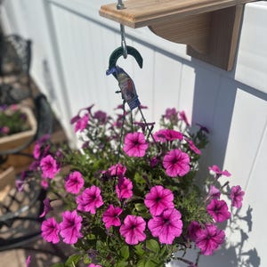 May include: A wooden bracket attached to a white fence, supporting a hanging basket overflowing with vibrant pink petunias. The flowers are in full bloom, with green foliage. A metal hook and a product tag are visible.