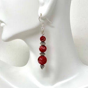 Bead Earrings, Dangle, Red and Silver, For Casual Wear, Or Dressing Up