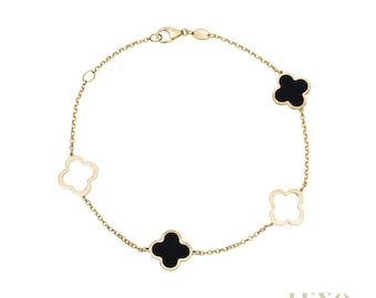 10K MINI Gold Clover Bracelet for Women Gift, Solid Gold Onyx Bracelet, Mother of Pearl Jewellery, Lucky Charm Bracelet, Dainty Gold