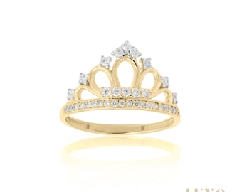 Luxo Jewelry 10K Gold Crown CZ Ring for Women, Yellow Gold Tiara Ring, Cubic Zirconia Statement Ring, Princess Jewelry, Elegant Gift for Her