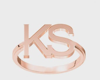 Luxo Jewelry 10K Gold Double Initial Ring, Personalized Two Letter Ring, Custom Monogram Jewelry, Yellow White Rose Gold, Gift for Her