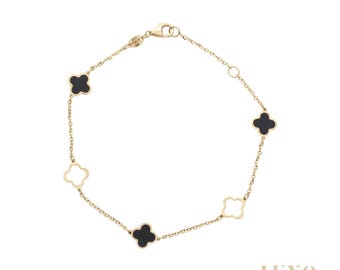 10K Gold Mini Clover Bracelet for Women, Mother of Pearl Jewellery, Solid Gold Black Onyx Bracelet, Lucky Charm Bracelet, Gift for Her