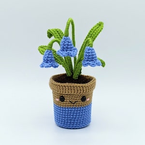 Peut inclure: Une plante de campanule en crochet dans un pot brun et bleu avec un visage mignon. La plante a des feuilles vertes et des fleurs bleues.