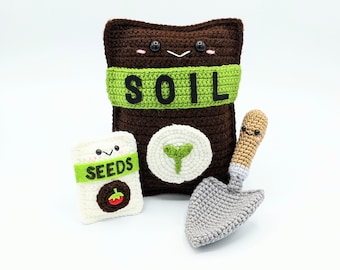 PATTERN: Gardening Kit Crochet - PDF ONLY - Amigurumi soil, seeds & trowel crochet pattern - Crochet garden tools beginner pattern