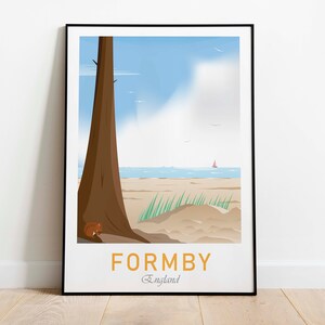 Puede incluir: Un póster con una ilustración minimalista de una escena de playa con un gran árbol, dunas de arena y un velero en la distancia. El texto "FORMBY England" está en la parte inferior del póster.