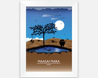 May include: A framed illustration of a savanna landscape at night with a silhouette of a tree, a watering hole, and animals including a giraffe, zebra, and buffalo. The text "MAASAI MARA" and "KENYA" is at the bottom of the image.