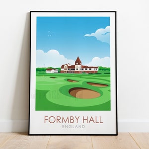 Puede incluir: Una ilustración colorida de un campo de golf con una casa club en el fondo. El texto "FORMBAY HALL ENGLAND" está en la parte inferior de la imagen.