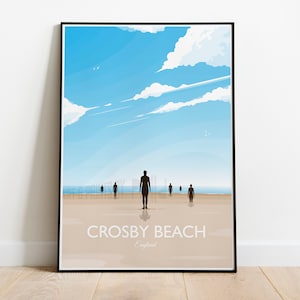 Puede incluir: Un póster minimalista con un cielo azul y nubes blancas. El póster presenta una escena de playa con un grupo de figuras de pie en la arena. El texto "CROSBY BEACH England" está en la parte inferior del póster.