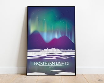 May include: A poster with a minimalist design featuring a purple and green aurora borealis over a snowy mountain range. The text "NORTHERN LIGHTS" and "NORWAY" is printed below the image.