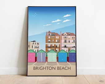 May include: A colorful illustration of beach huts with a blue sky and white clouds. The text "BRIGHTON BEACH" is at the bottom of the image.