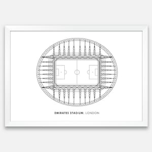 May include: A black and white line drawing of the Emirates Stadium in London, a football stadium with a circular shape and a field inside.