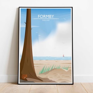 Puede incluir: Un póster con un diseño minimalista que presenta un tronco de árbol marrón, un cielo azul con nubes blancas, un océano azul y un velero rojo en la distancia. El texto "FORMBY ENGLAND" está en la parte superior del póster.