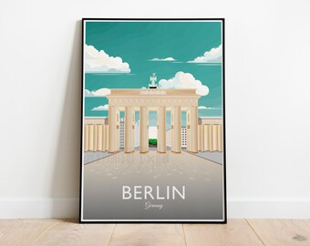 May include: A poster with a teal background featuring a white building with columns and a statue on top. The building is the Brandenburg Gate in Berlin, Germany. The poster has the text "BERLIN" and "Germany" in white.