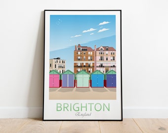 May include: A colorful illustration of beach huts in Brighton, England. The huts are painted in shades of pink, blue, and green. The illustration features a blue sky with white clouds and a view of buildings in the background.