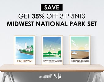 Save 35% with this set of three Midwest US National Parks - Isle Royale, Gateway Arch and Indiana Dunes