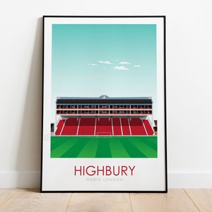 Puede incluir: Una ilustración en blanco y negro del estadio de Highbury, un antiguo estadio de fútbol del norte de Londres. El estadio está representado en un estilo minimalista con asientos rojos y un campo verde.