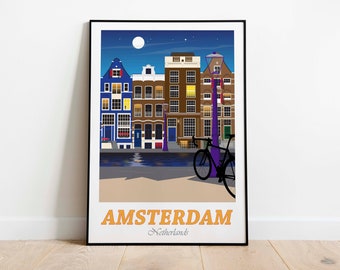 Amsterdam Print, Netherlands Print, Holland, Europe, Travel Illustration, Travel Art Print, Landscape Art, Landscape Print, Wall Art, Poster