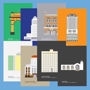 Economize 50% com nosso conjunto de 8 pontos turísticos de Los Angeles em tamanho de cartão postal, LA, Califórnia, Patrimônio, Paisagem urbana, Paisagem, Arte de viagem, Impressão