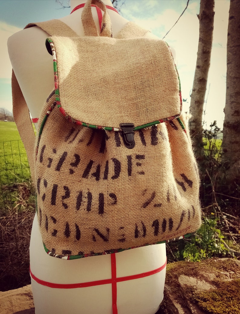 Burlap backpack and antique fabrics / coffee bag burlap / Upcycling