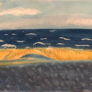 May include: A painting of a seascape with a blue ocean, yellow sand dunes, and a light blue sky with white clouds.