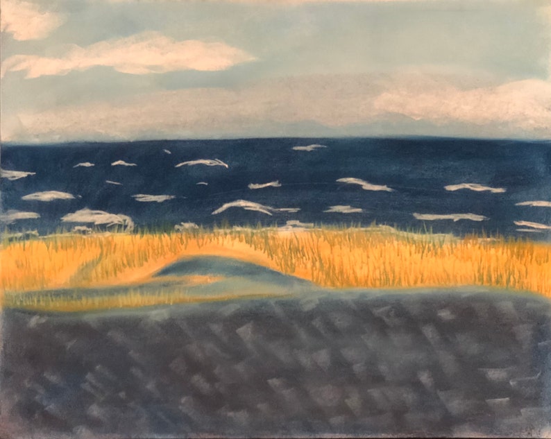 May include: A painting of a seascape with a blue ocean, yellow sand dunes, and a light blue sky with white clouds.