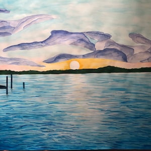 Sunset on the Bay, Fine Art, Original Artwork, Living Room Art, Dining Room Art, Handmade, Home Decor, Watercolor Painting, Unique