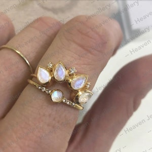 14k Solid Rose Gold Rainbow Moonstone And Diamond Horizon Ring Engagement Ring Gift For Wife