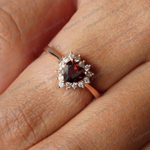 14k Solid Rose Gold Garnet or Diamond Heart Stackable Ring Garnet Promise Ring Girlfriends Gifts Dainty Ring January Birthstone Ring