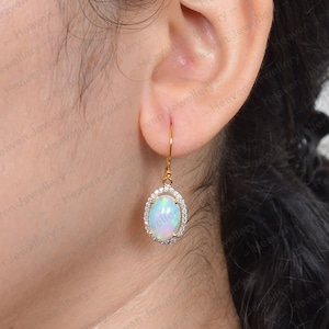 Awesome  Solid 14k Yellow Gold Ethiopian Opal  And Diamond  Anniversary  Gift Earring