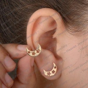 Princess  Solid 14k Yellow Gold Anniversary Gift for Wife Moon Designer Stud