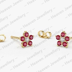 Natural Ruby Earrings/ Diamond Cluster Stud Earrings 14 K Solid Yellow Gold Gift For Bridal