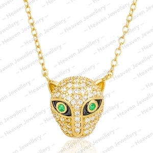 Panther Pendant Solid 14K Yellow Gold Diamond and Emerald Animal Pendant Christmas Gift Handmade Gift For Wife