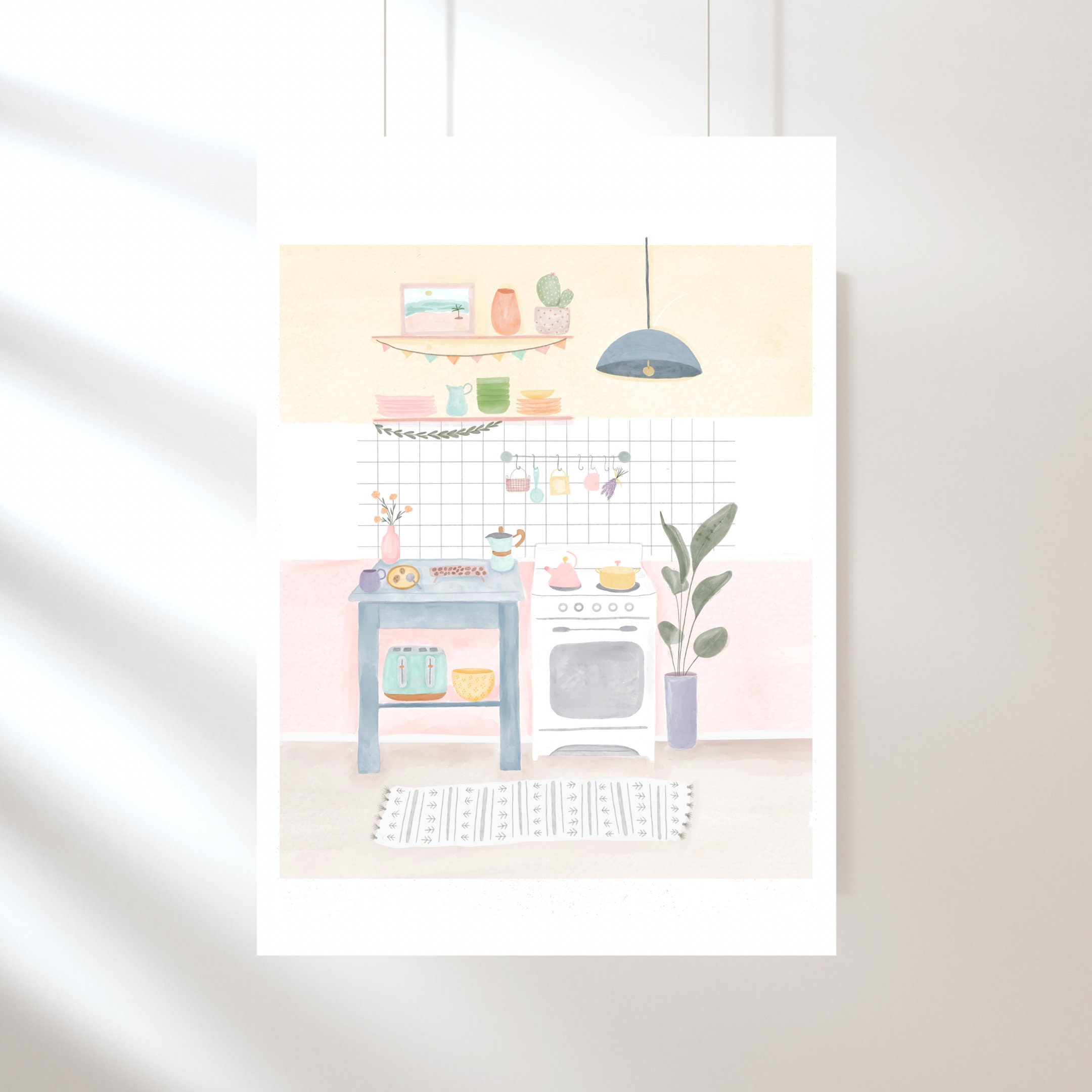 Printable watercolor kitchen interior illustration wall | Etsy