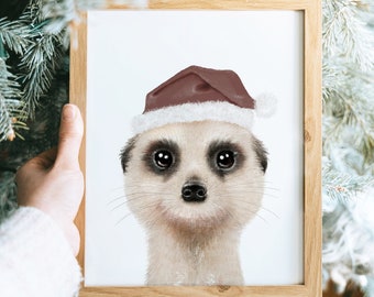 Christmas Meerkat, Santa Hat Animals, Christmas Animal Art, Holiday Animal Decor