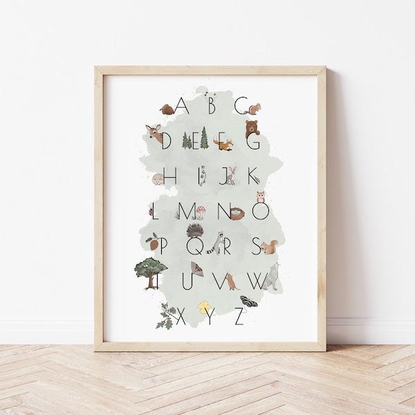 Woodland Alphabet For Nursery, PRINTABLE Animal Alphabet Poster, Nursery Wall Art, Alphabet Poster Printable, Alphabet Poster Download