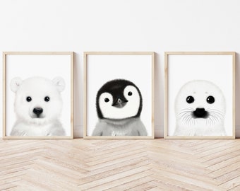 Arctic Animals Nursery Art, Winter Animals Art, Printable Nursery Decor, Polar Bear Print, Penguin Print, Baby Seal Print, Neutral Nursery