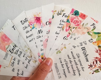 The 12 Virtues of Proverbs 31 Woman Scripture Cards (Printable), Set of 12 bible verses cards for woman,Bible memorization cards,watercolor