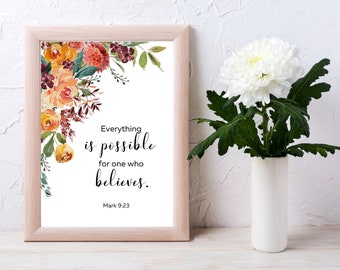 Bible Verse wall art, Mark 9:23, printable bible verses, Worfd of God on faith, home of church decoration, gift idea