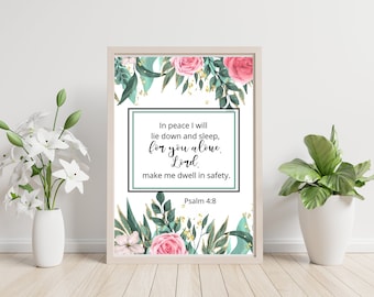 Bible Verse wall art, Psalm 4:8, printable bible verses, christian home or church decor, Worfd of God on peace, gift idea