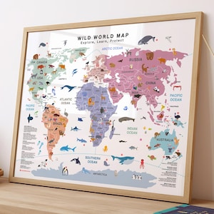 Mapa del mundo imprimible para pared, ideal para niños y aulas: Vida silvestre y descubrimientos globales - Impresión de mapas estilo clipart