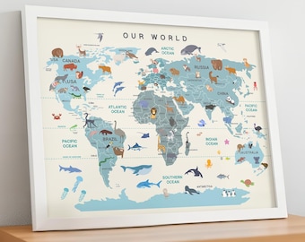 Blue Map Print with Animals, Travel Clipart, Printable Wall Art for Kids & Nurseries