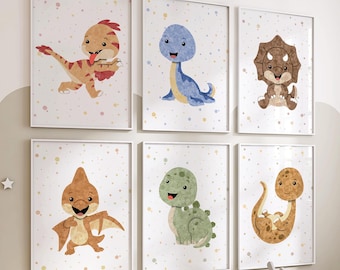 Watercolor Dinosaurs Wall Art – Cute Jurassic Prints for Boys’ Nursery or Playroom, Digital Download