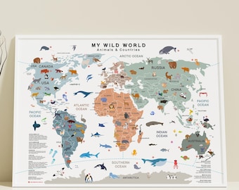 Kids World Map Animals: World Map Print, Travel Map for Kids, Nursery World Map, Safari Animal Print, Geography Wall Art